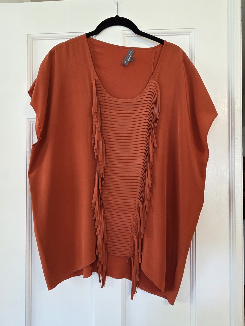 Sachin + Babi Rust Orange Fringe-Trim Scoop Neck Silk Top